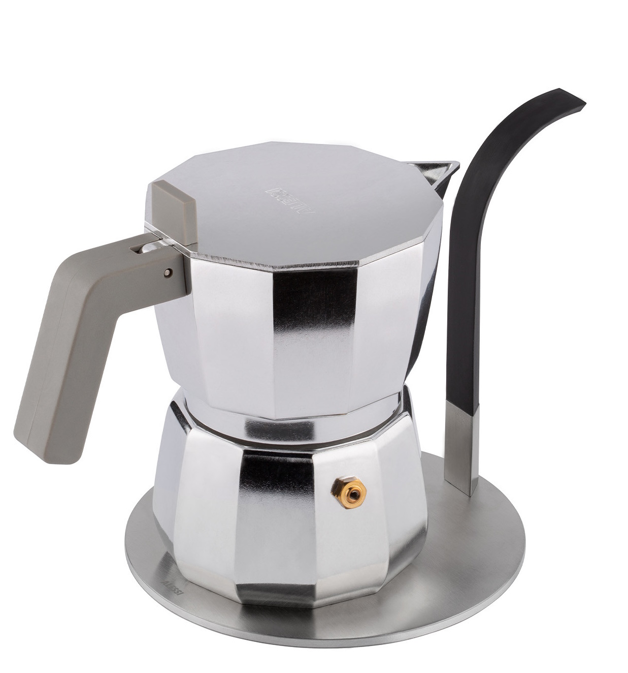 Alessi Espressokocher auf Induktionsadapter Little Helper MA02, silberfarben, für Induktionsherde.