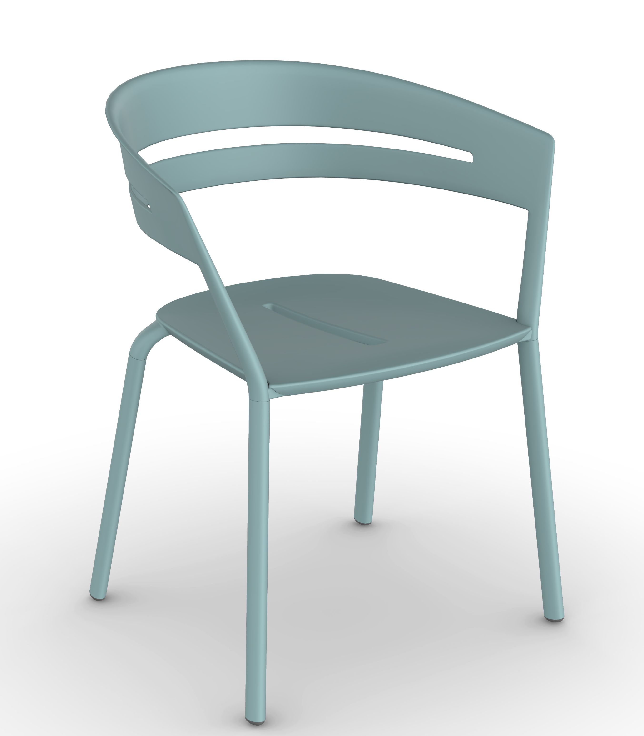 Hellblauer Ria Stuhl mit Armlehnen und minimalistischem Design für Esszimmer oder Büro.