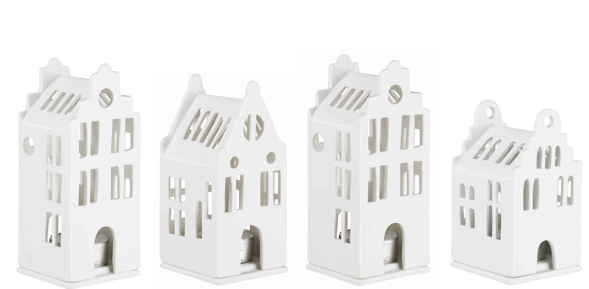 Zuhause Lichthaus Grachten Räder 4er Set, weiße Deko Häuser Teelichthalter für stimmungsvolle Beleuchtung.