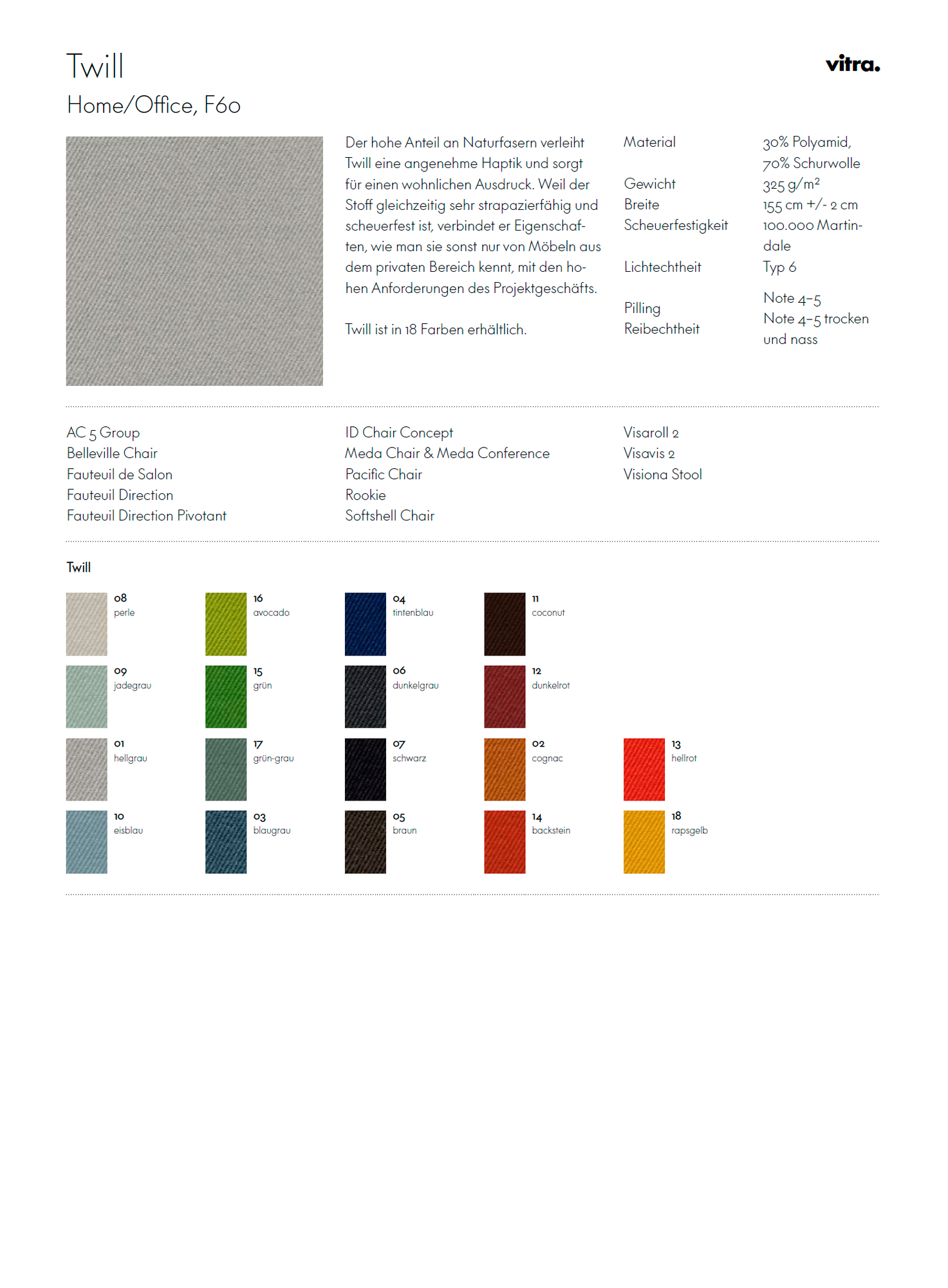 Vitra Twill Stoffmusterkarte: Übersicht der Farben und Materialeigenschaften des strapazierfähigen Möbelstoffs.