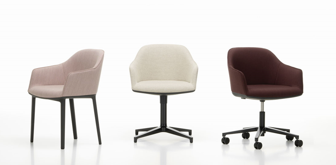 Drei Vitra Softshell Chairs in Rosa, Beige und Braun mit unterschiedlichen Untergestellen.