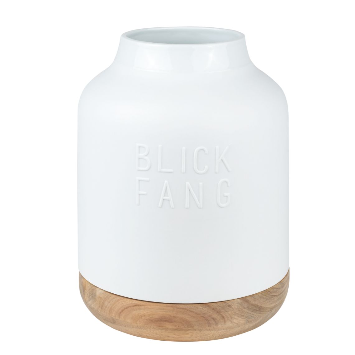 Weiße "Blickfang" Vase von Räder mit Holzfuß für Blumen und dekorative Zweige.