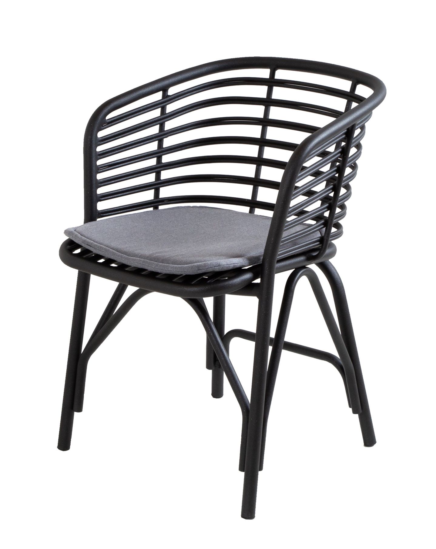 Graues Blend Sitzkissen auf schwarzem Cane-Line Outdoor Sessel für Garten und Terrasse.