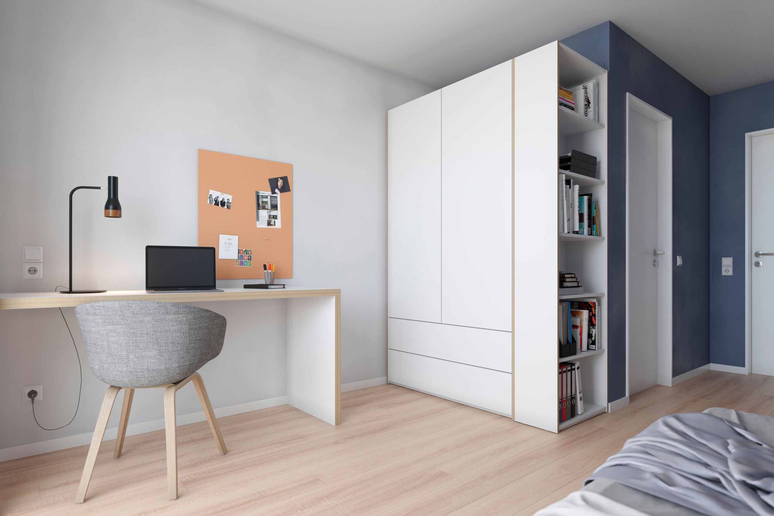 MODULAR PLUS Schrank von Müller Möbelwerkstätten mit Regal, Schreibtisch und Bürostuhl.