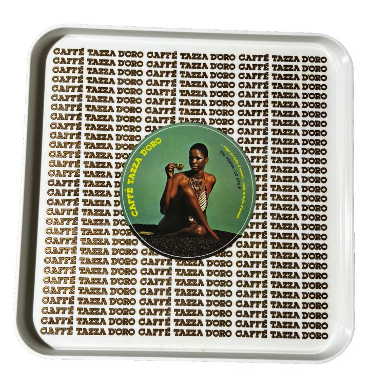 Quadratisches Caffè Tazza d'Oro Tablett in Grün mit Retro-Motiv, ein dekoratives Einzelstück.