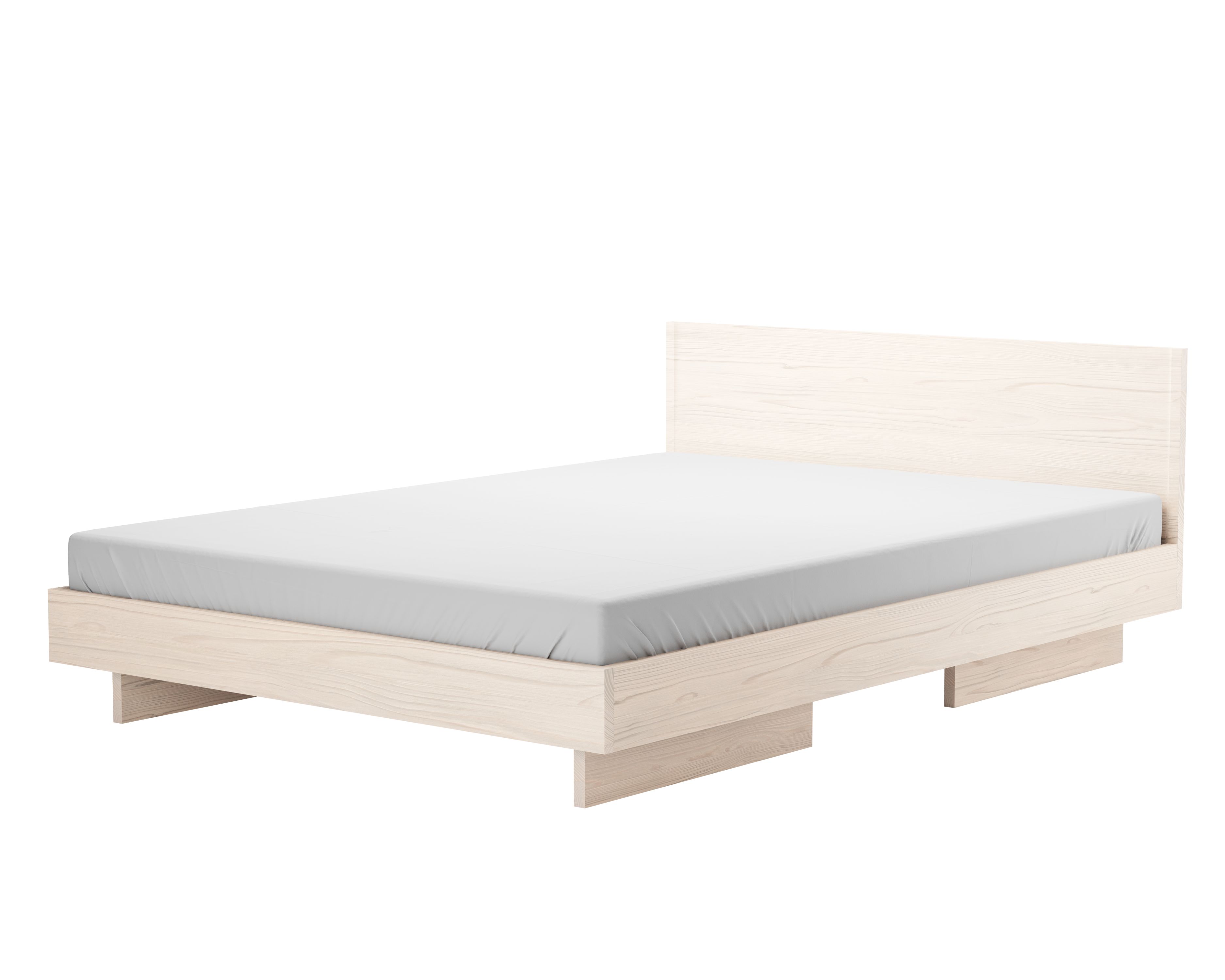 ZIANS Bett Large aus hellem Holz mit Kopfteil und grauer Bettwäsche für Schlafzimmer.