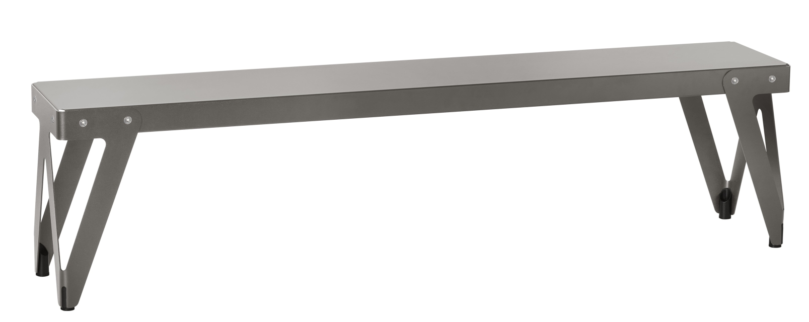 Graue Lloyd Outdoor Bank mit minimalistischem Design und stabilen Metallbeinen für den Außenbereich.
