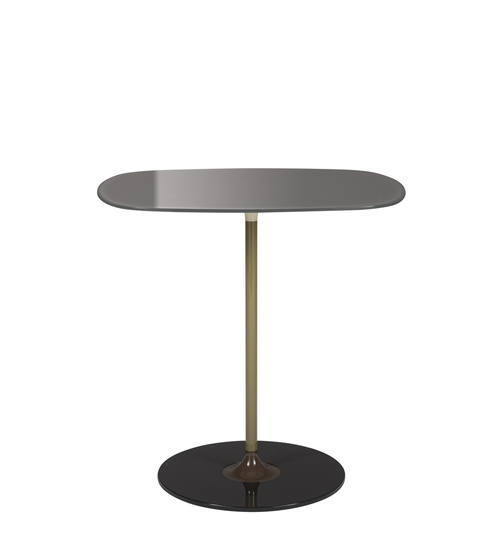 Thierry 4042 Tisch von Kartell, graue Tischplatte, goldfarbenes Gestell und runder, schwarzer Fuß.