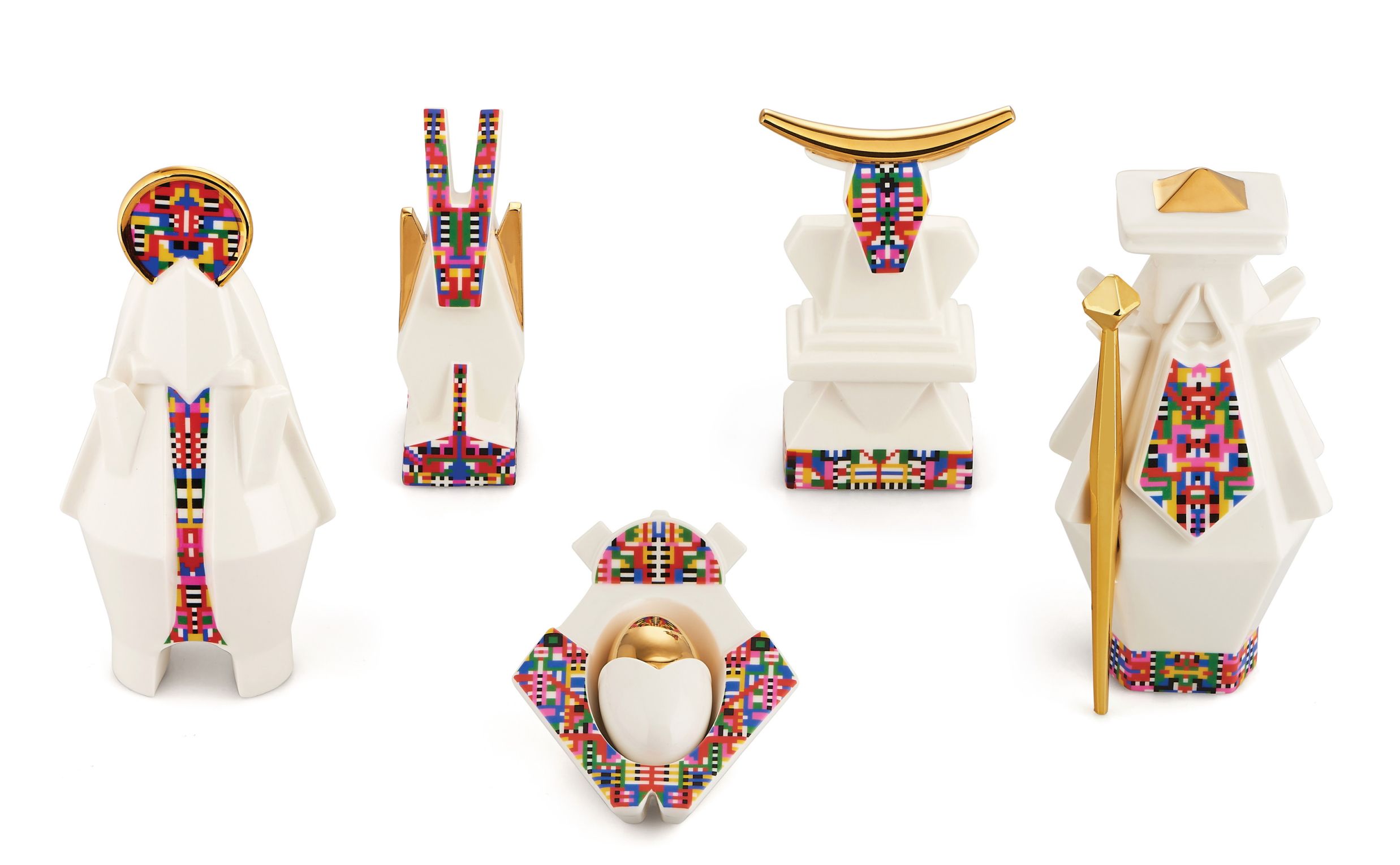 Alessi Donkey Porzellanfiguren, ESA05 5, weiße Deko-Objekte mit bunten Pixelmustern und goldenen Akzenten, Einzelstück.