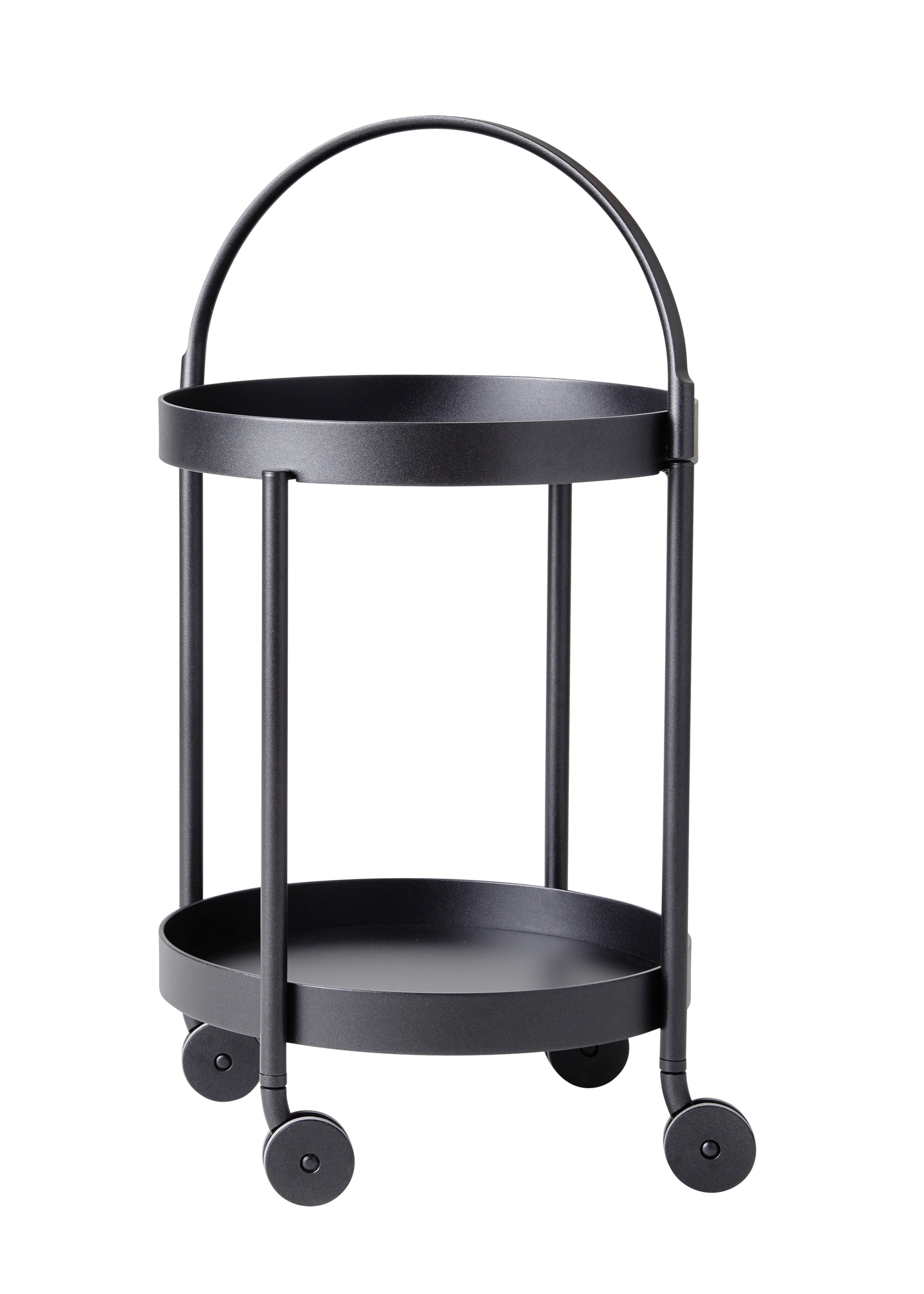 Schwarzer Cane-Line Rollwagen mit zwei Ablageflächen und Griff, ideal als Servierwagen oder Barwagen.
