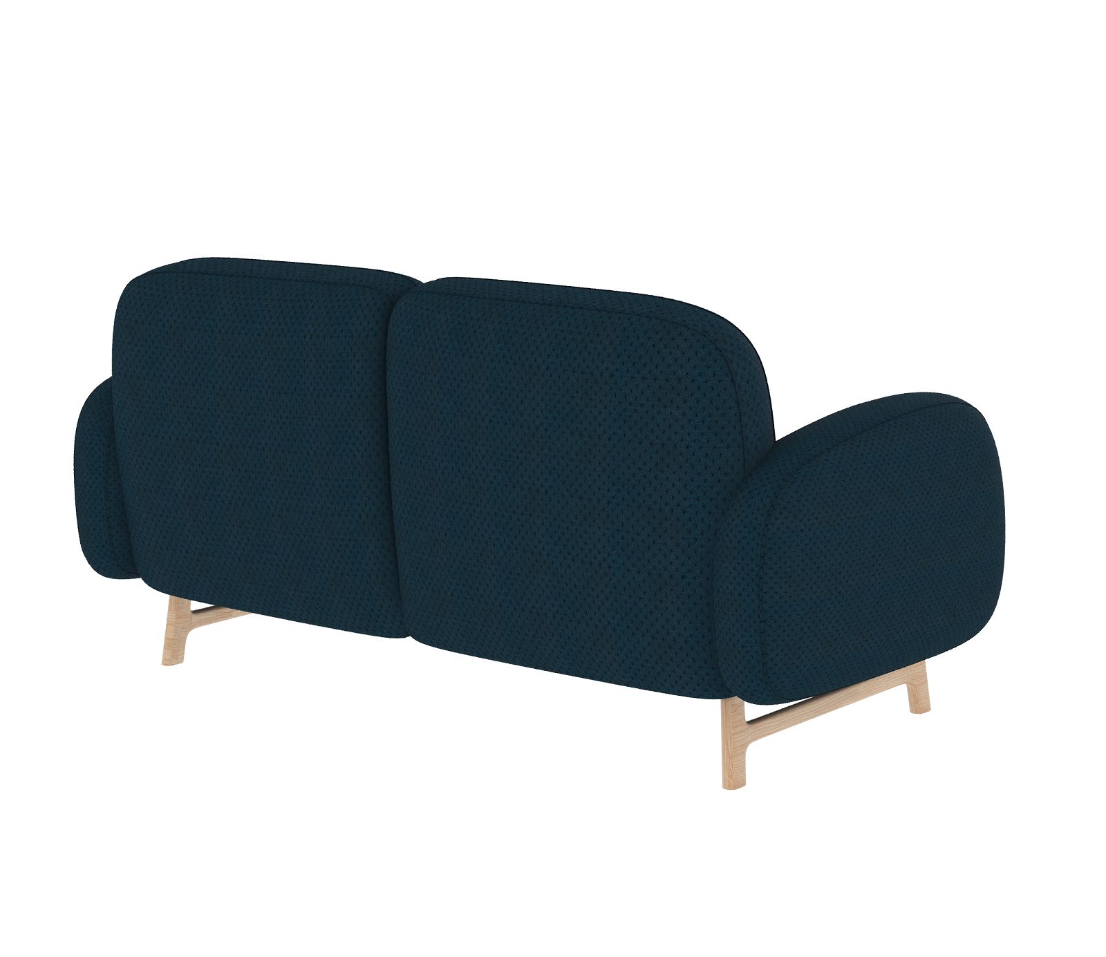 Rückansicht des blauen Hartô Sofas, ein 2-Sitzer mit Holzbeinen für Wohnzimmer.
