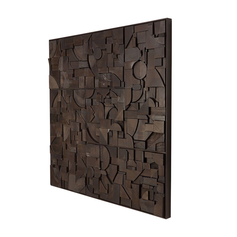 Bricks Wandkunst aus Holz von Ethnicraft: Abstraktes, dunkles Holzrelief mit geometrischen Formen.