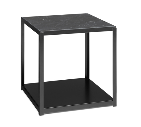FK12 Fortyforty Beistelltisch von e15, tiefschwarzes Gestell mit Marmorplatte, quadratischer Nachttisch.