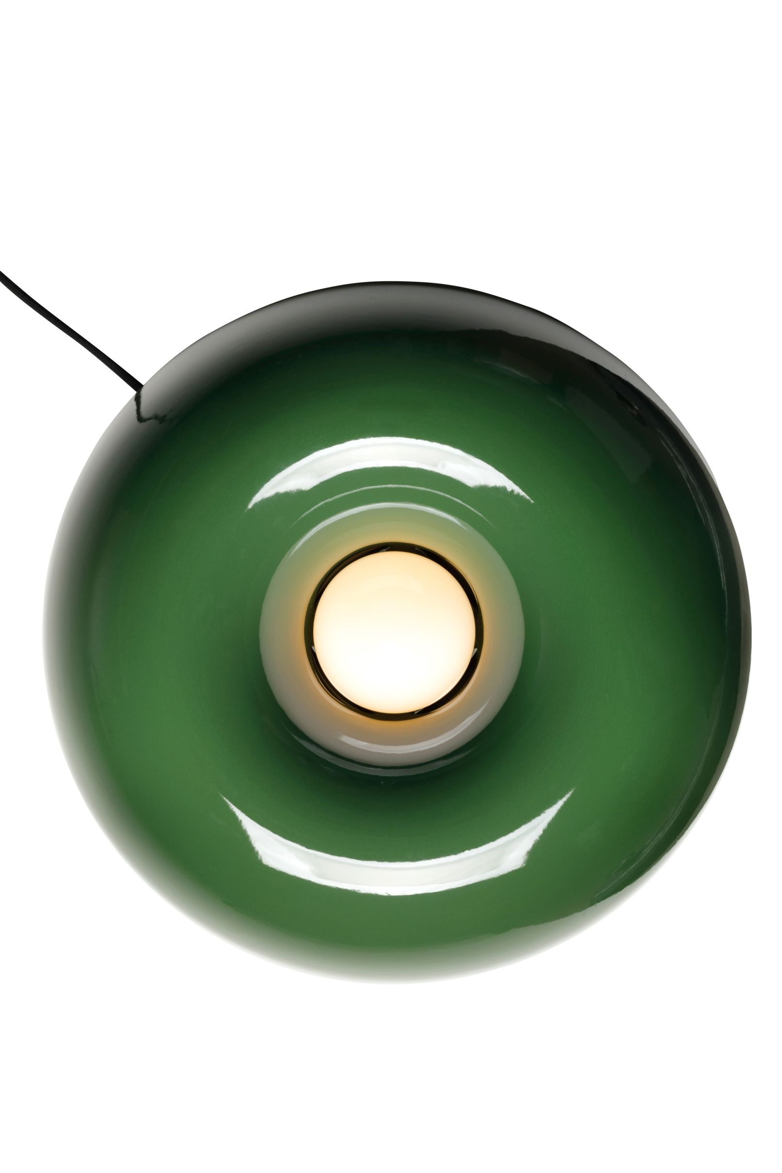 Grüne Fonte Tischleuchte Favius, moderne Lampe mit zentraler Lichtquelle, Detailaufnahme von unten.
