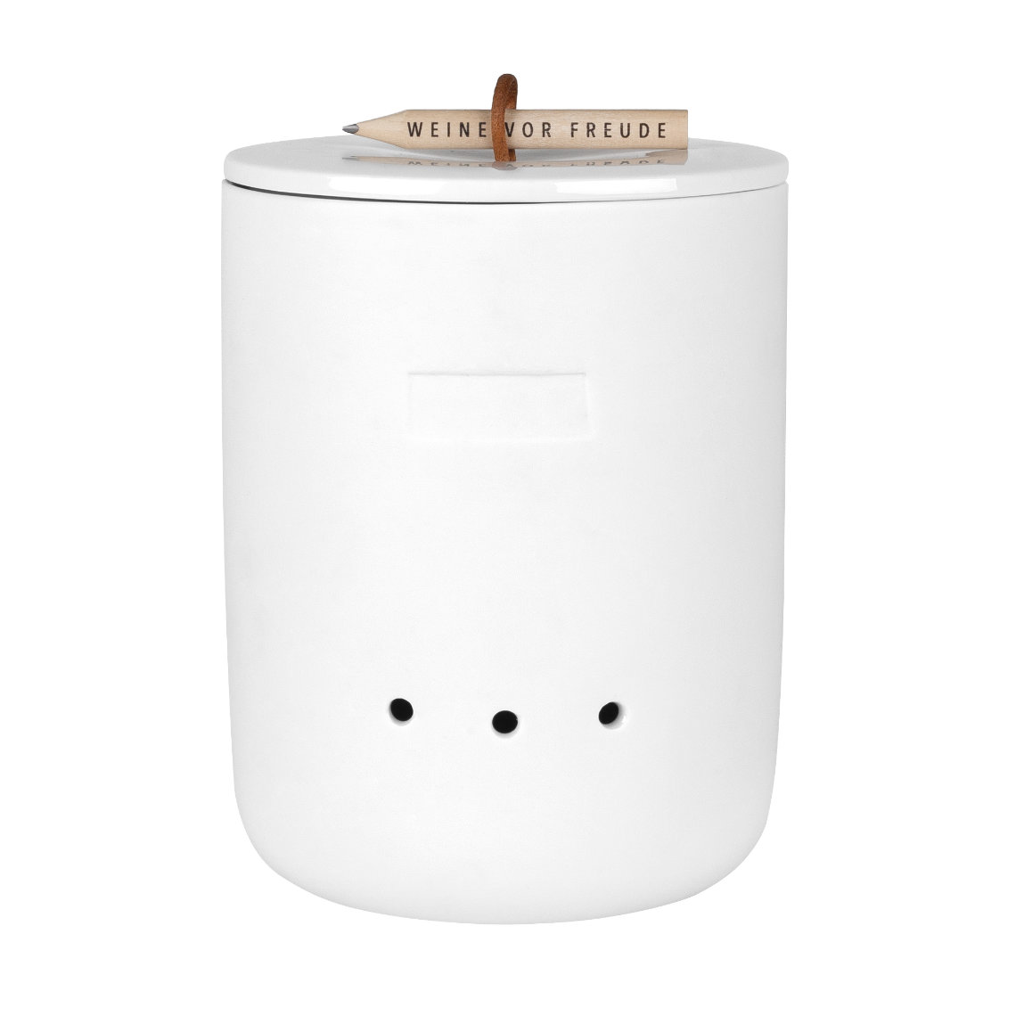Weißer "Weine vor Freude" Aufbewahrungstopf von Räder mit Deckel und Belüftungslöchern, ideal für die Küchenaufbewahrung.