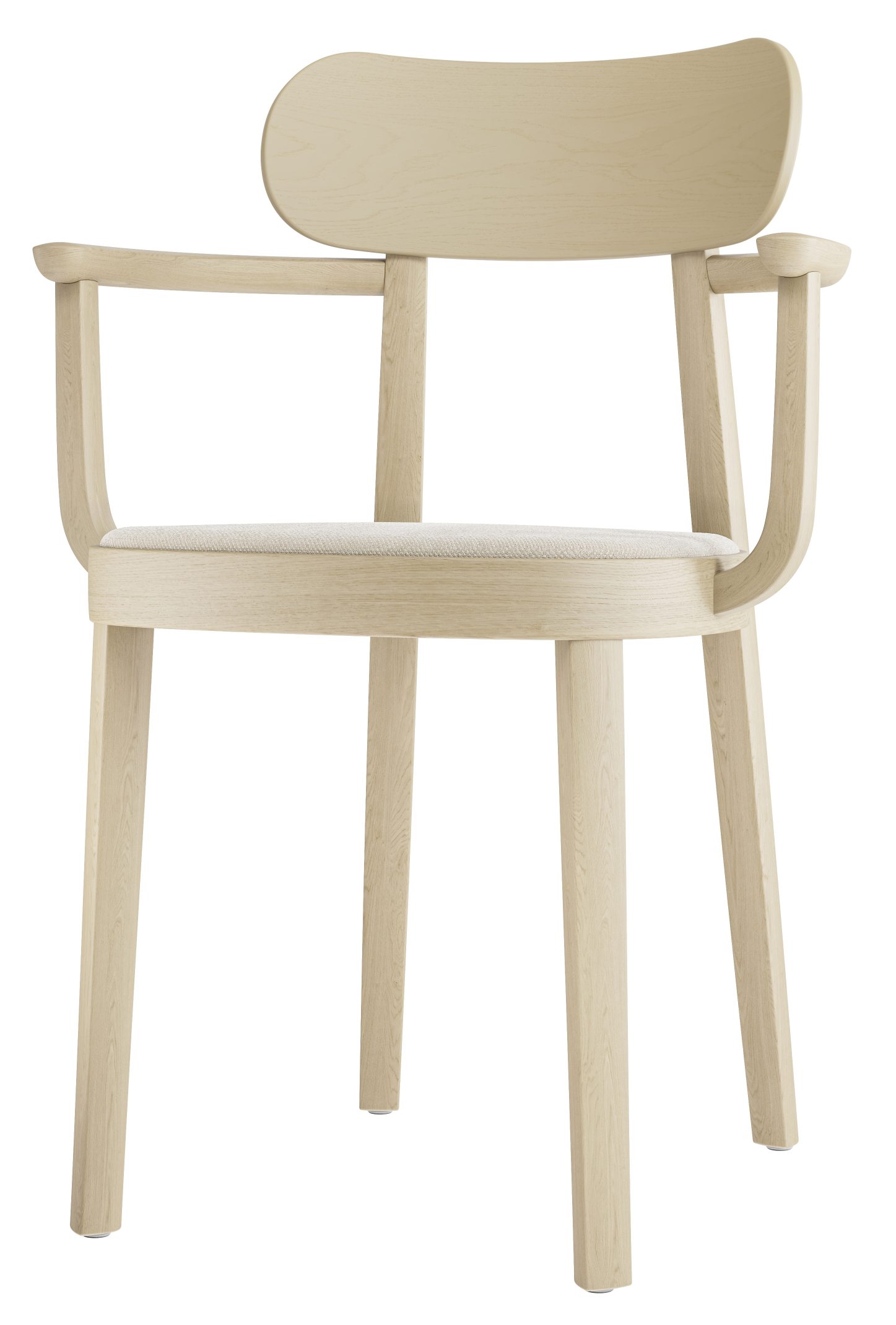 Heller Holzstuhl mit Armlehnen, Modell 118 SPF Thonet, mit Stoffbezug.