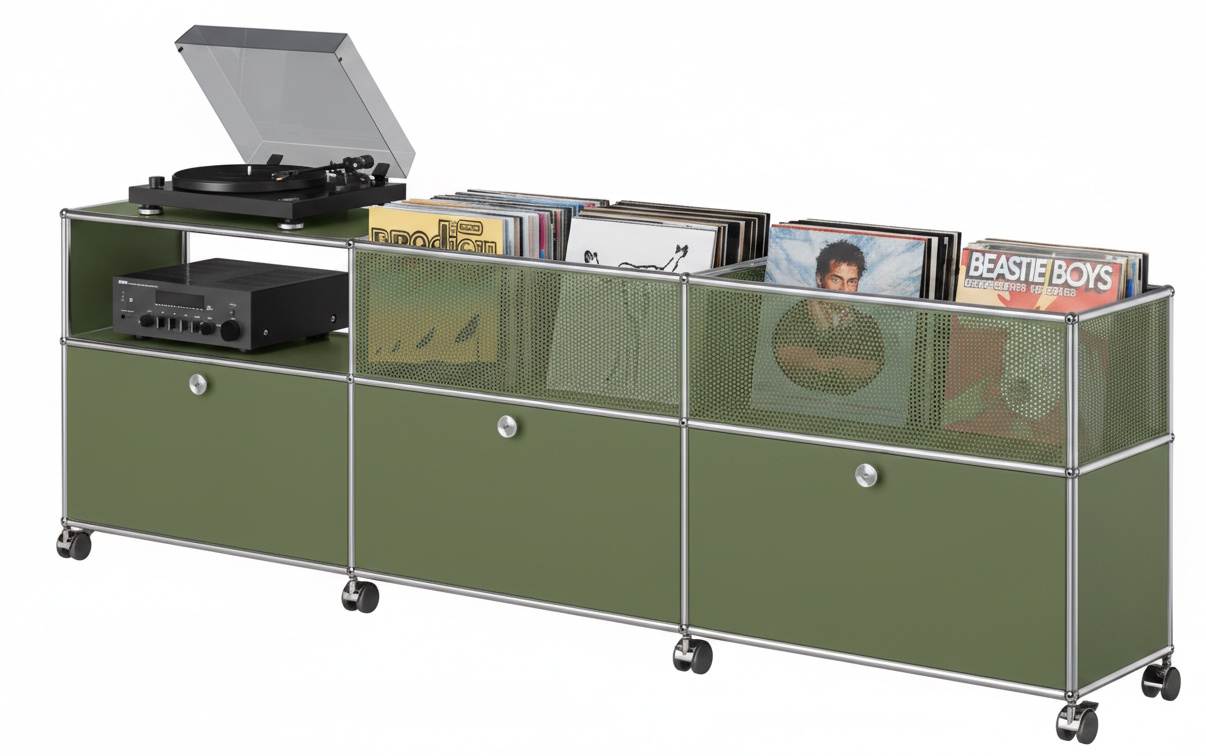 Sideboard mit Vinyl-Aufbewahrung USM Haller Olivgrün