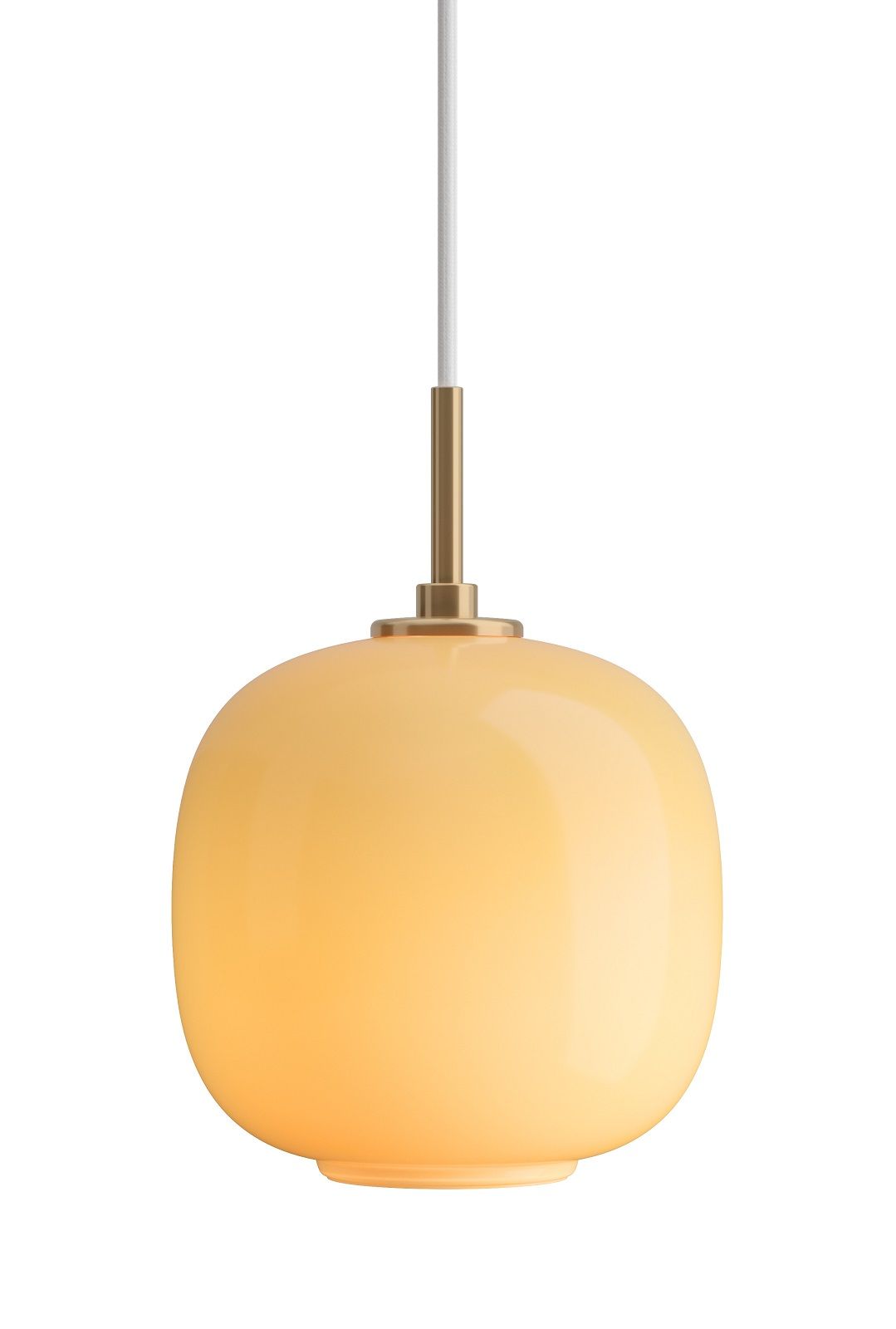 VL45 Radiohus Pendelleuchte von Louis Poulsen, gelbe Glas-Hängelampe mit Messing-Details und weißem Kabel.