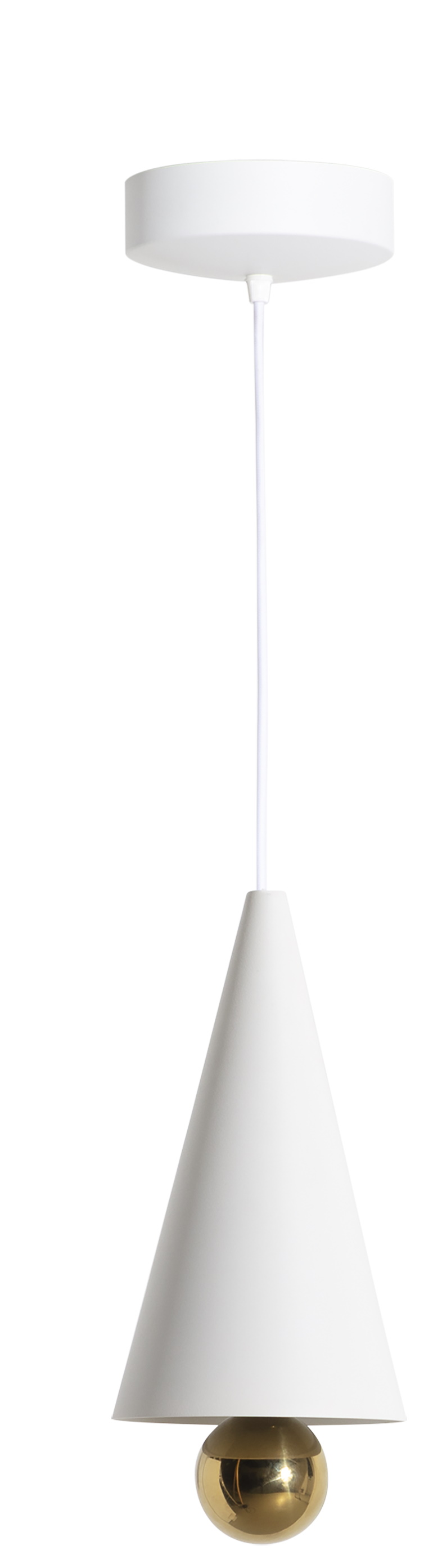 Weiße Cherry Pendelleuchte von Petite Friture mit konischem Lampenschirm und goldener Kugel.