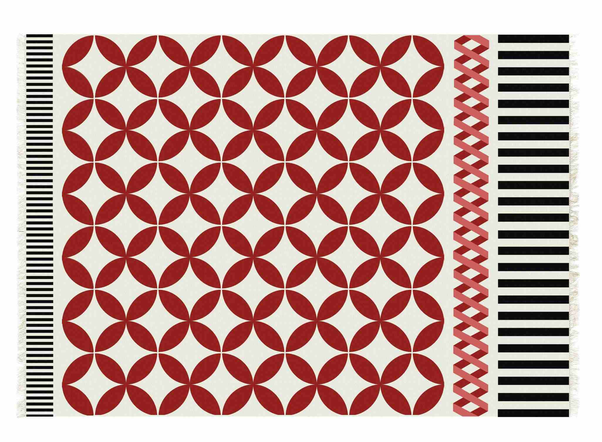 Kilim Catania Teppich mit rotem Blütenmuster, schwarzen Streifen und dekorativer Borte.