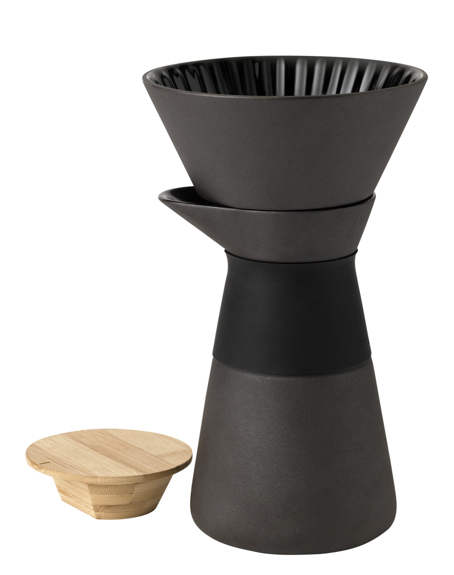 Stelton Theo Kaffeefilterkanne aus schwarzem Steinzeug mit Bambusdeckel für Pour-Over Kaffeezubereitung.