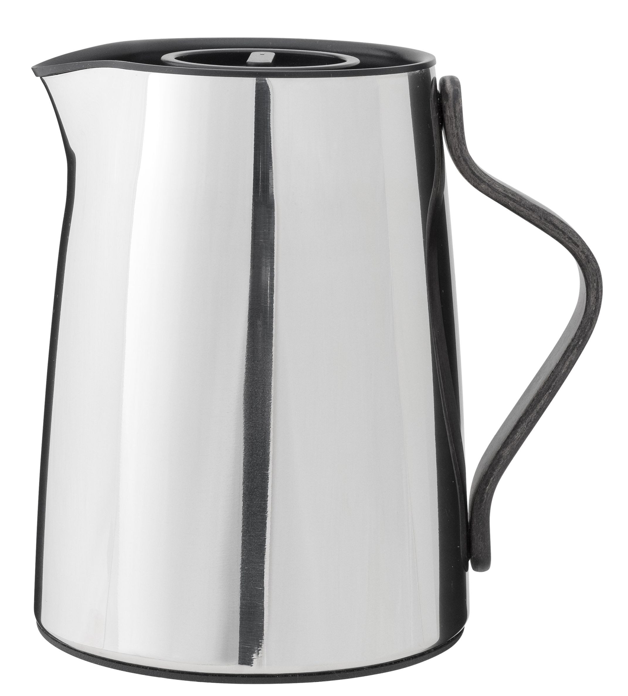 Edelstahl-Isolierkanne Emma von Stelton, 1 Liter, mit schwarzem Griff und Ausgießer.