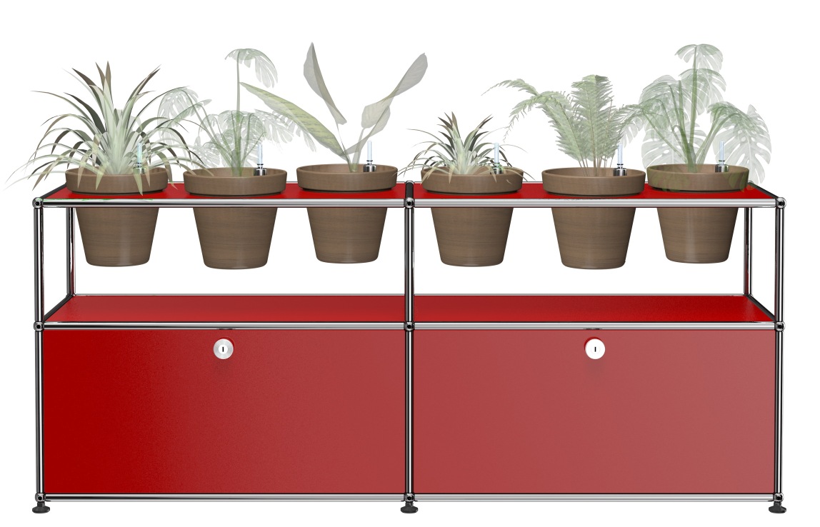 Pflanzenwelten Sideboard in Rubinrot mit Pflanzen. USM Haller Möbel für Wohnraum und Büro.
