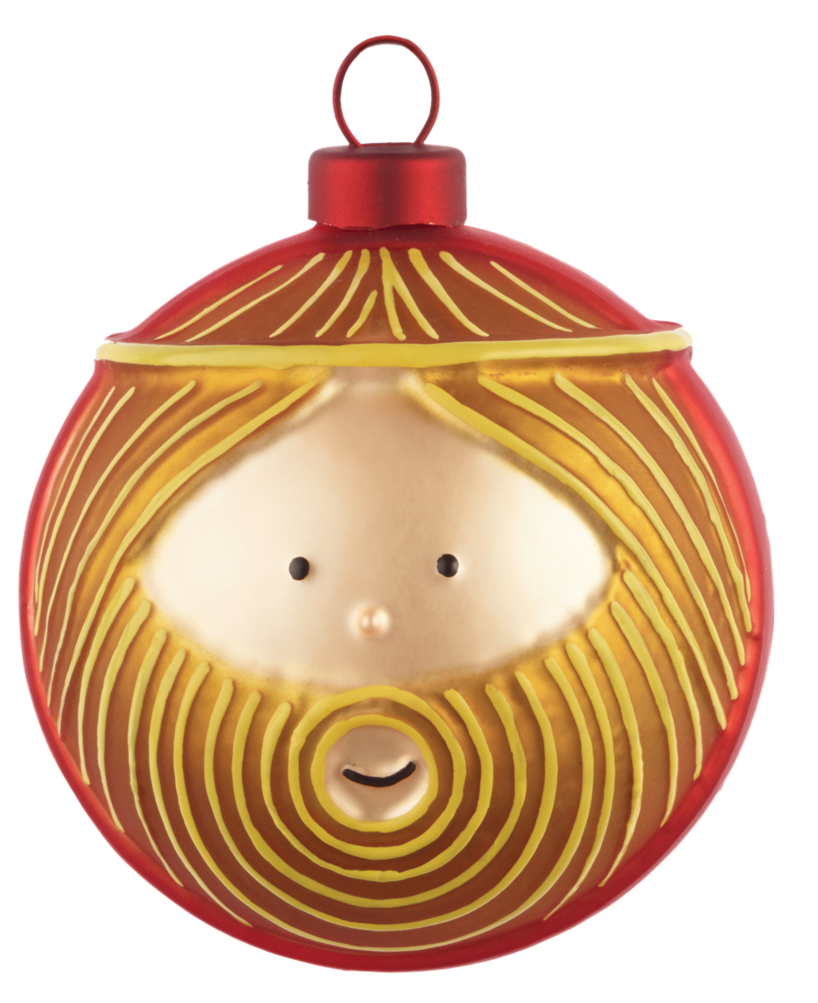 Alessi Weihnachtskugel Josef: Rote Christbaumkugel mit stilisierter Darstellung von Josef, Teil der Weihnachtskrippe.