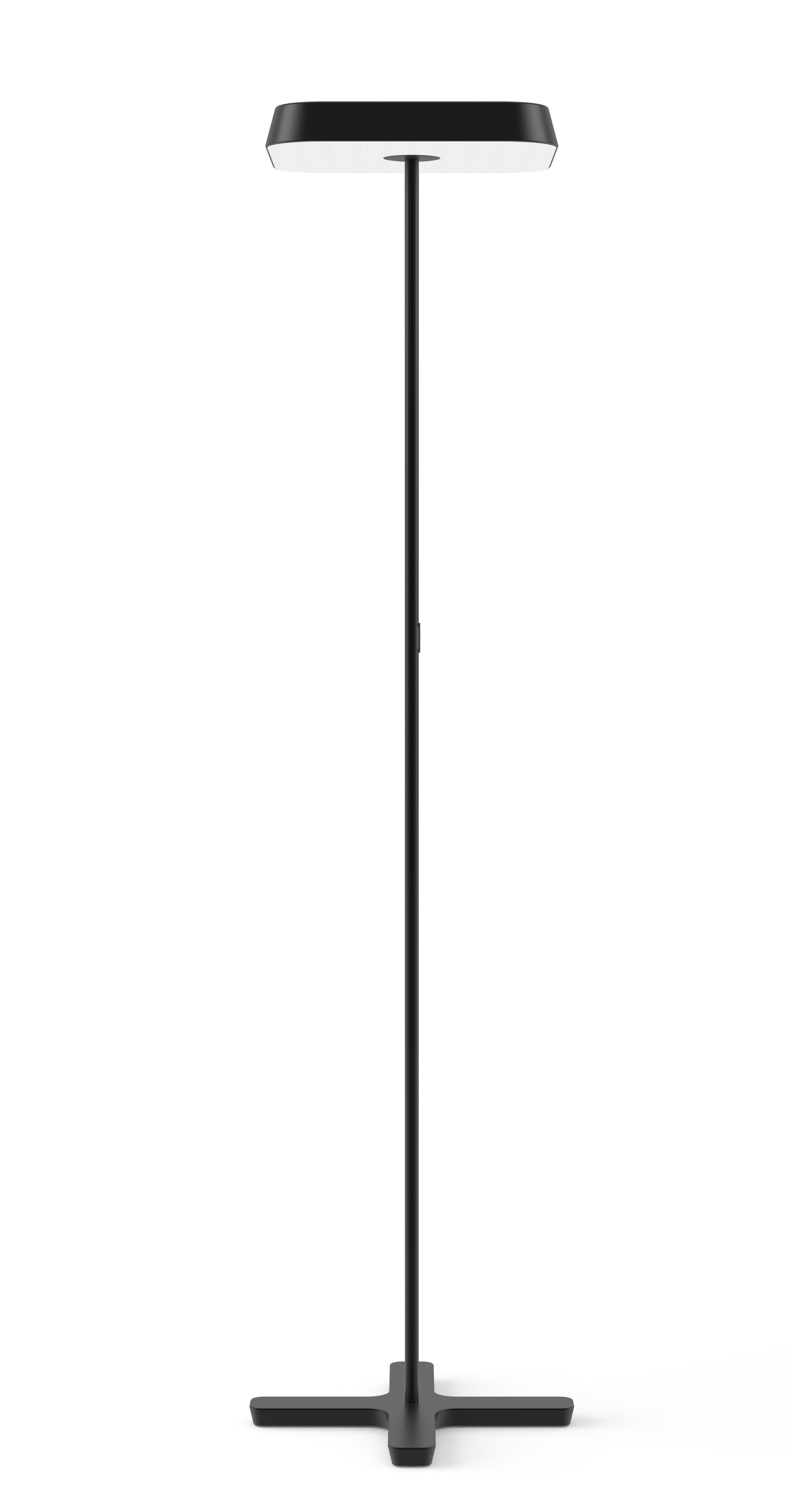 Schwarze Koi-Q Stehleuchte von Belux mit rechteckigem Leuchtenkopf und Fuß für modernes Wohnen.
