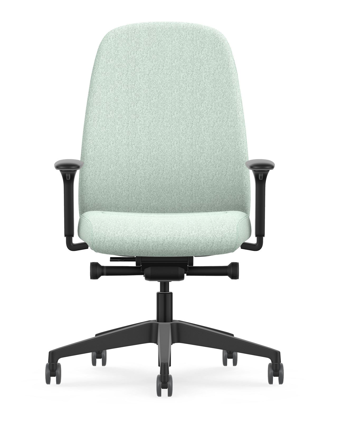 HEJ Bürodrehstuhl von Interstuhl, mintgrüner Stoffbezug, schwarzes Fußkreuz mit Rollen, ergonomischer Arbeitsstuhl für das Büro.