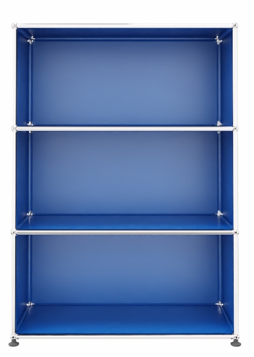 USM Haller Regal in Enzianblau, offenes Highboard mit drei Fächern und verchromtem Gestell.
