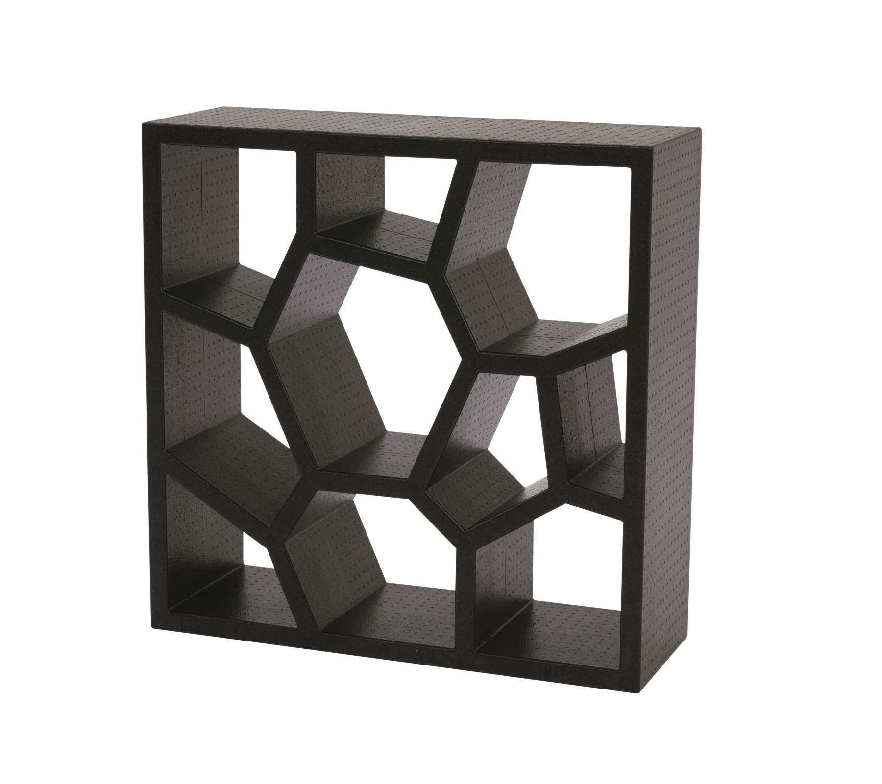 Schwarzes Opus Incertum Regal von Casamania Horm mit geometrischen Fächern für Bücher und Dekoration.