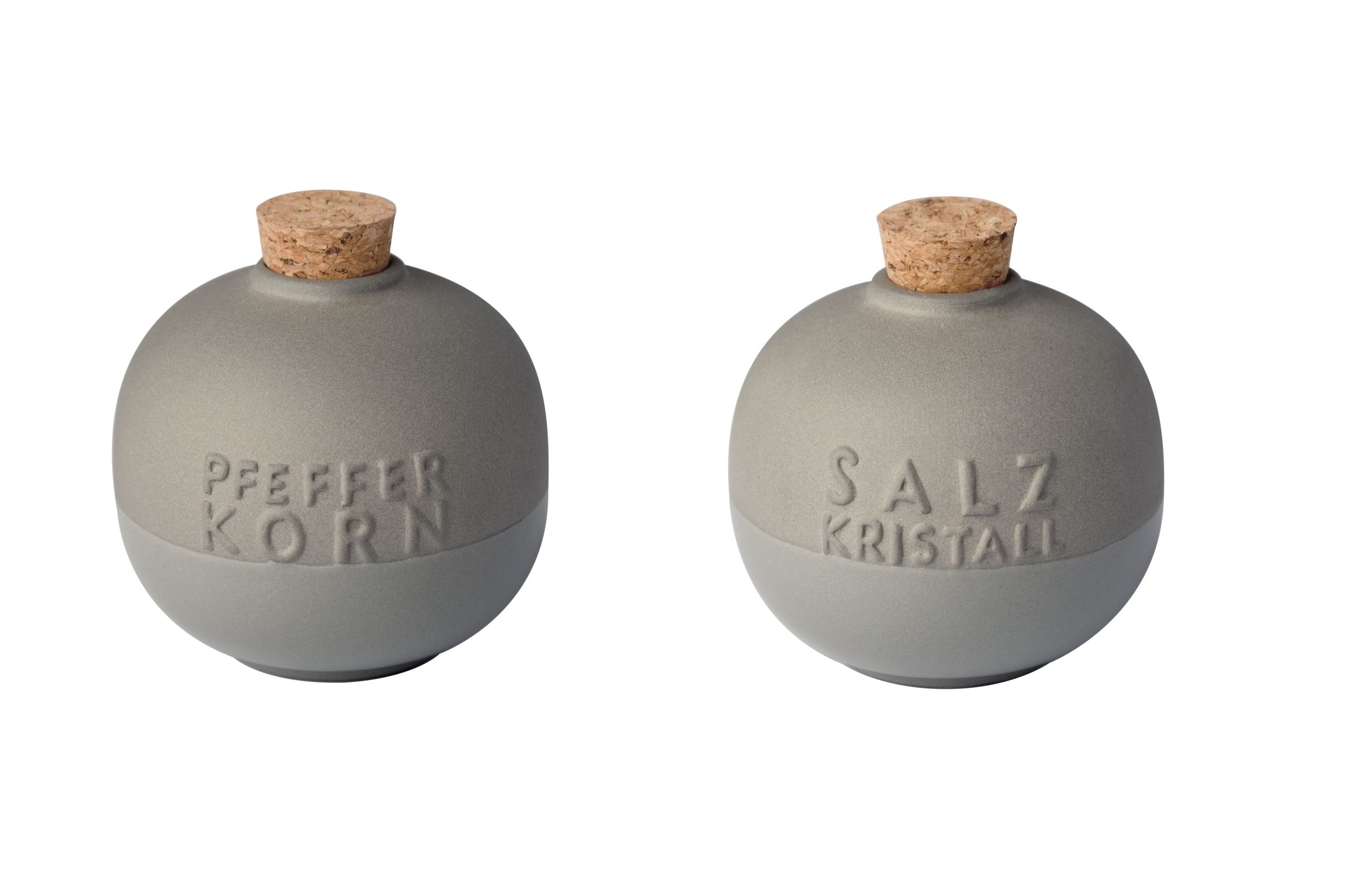 Dining Apero Gewürzflaschen Set: Graue Keramikflaschen für Salz und Pfeffer mit Korken.