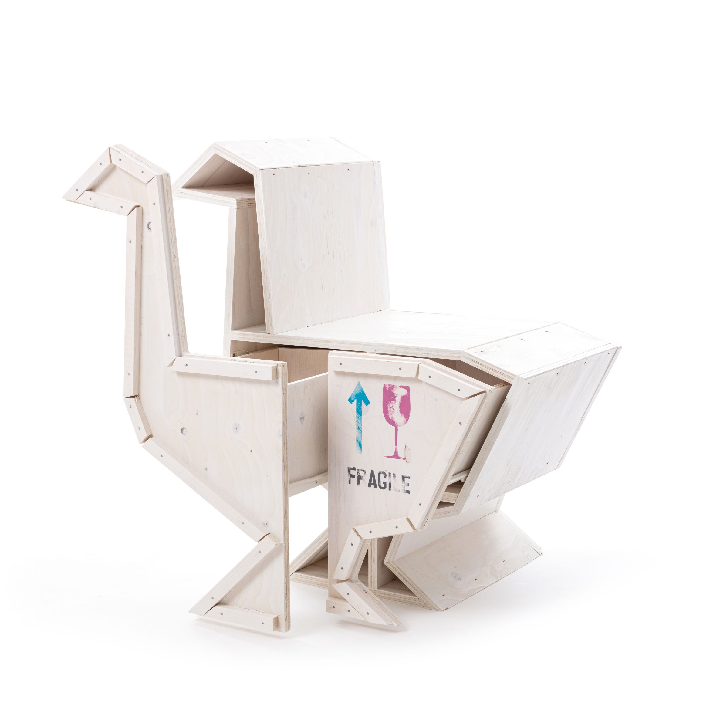 Weißer "Sending Animals" Gans Schrank von Seletti, modernes Designmöbel aus Holz mit Regalen.