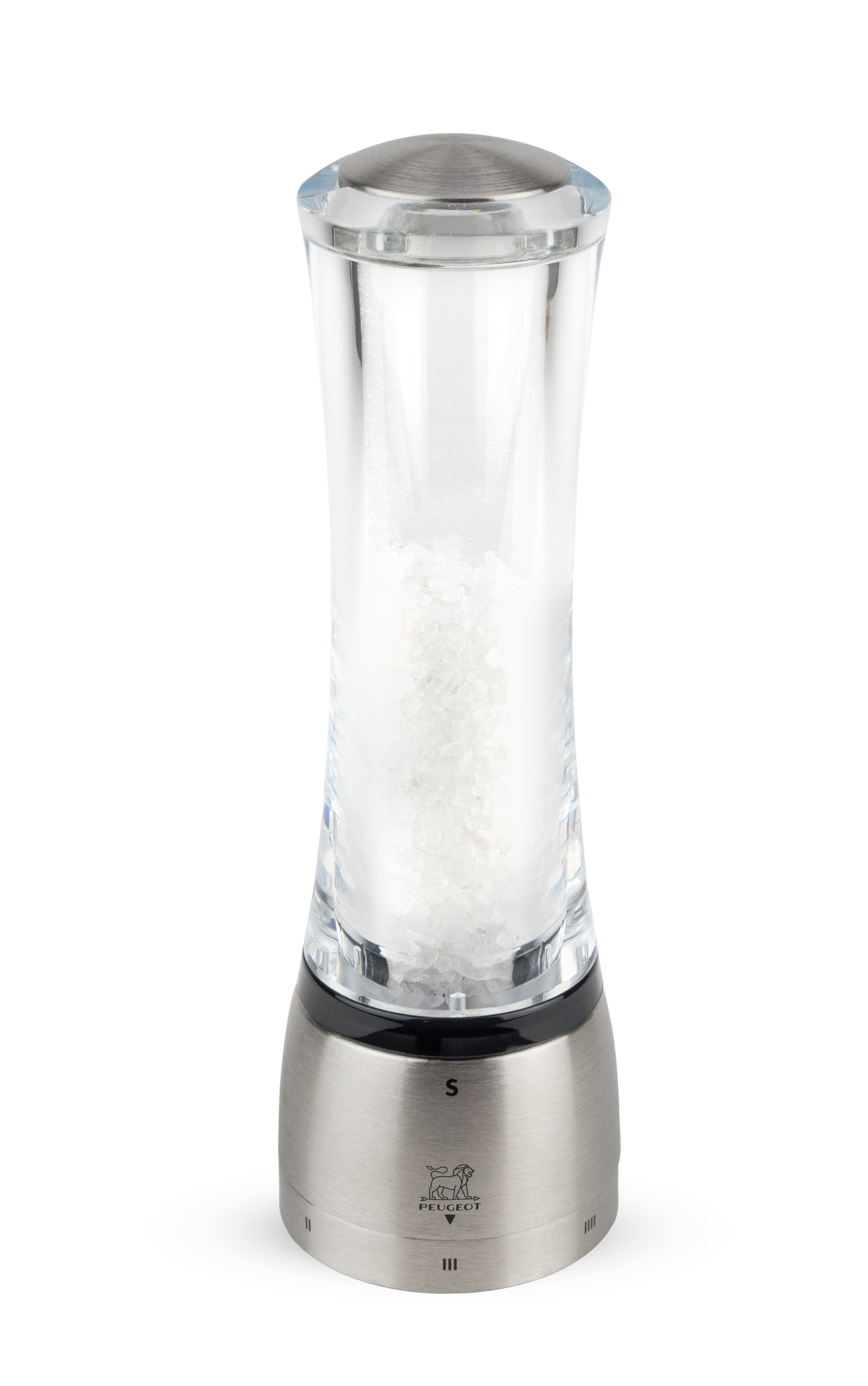 Transparente Peugeot Salzmühle mit Edelstahlfuß, gefüllt mit grobem Salz. Küchenaccessoire für Feinschmecker.