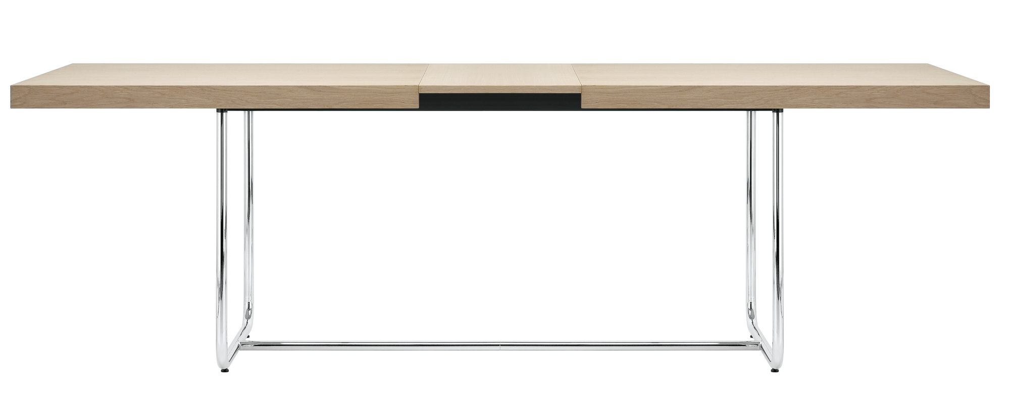 S 1071 Thonet Esstisch ausziehbar mit hellem Holz und verchromtem Stahlgestell.