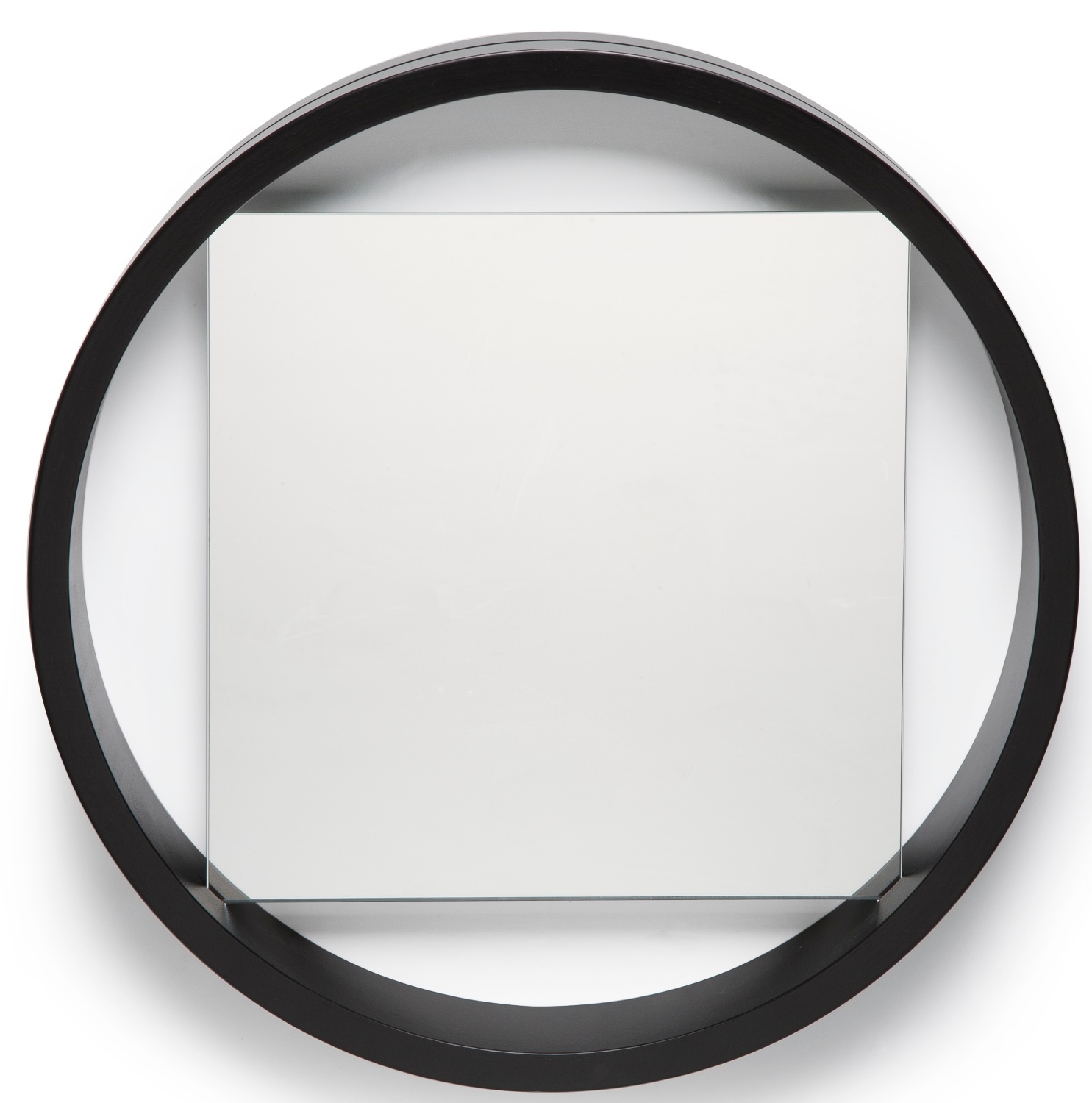 Benno Mirror Spectrum: Runder Spiegel mit schwarzem Rahmen und quadratischer Spiegelfläche für Wanddekoration.