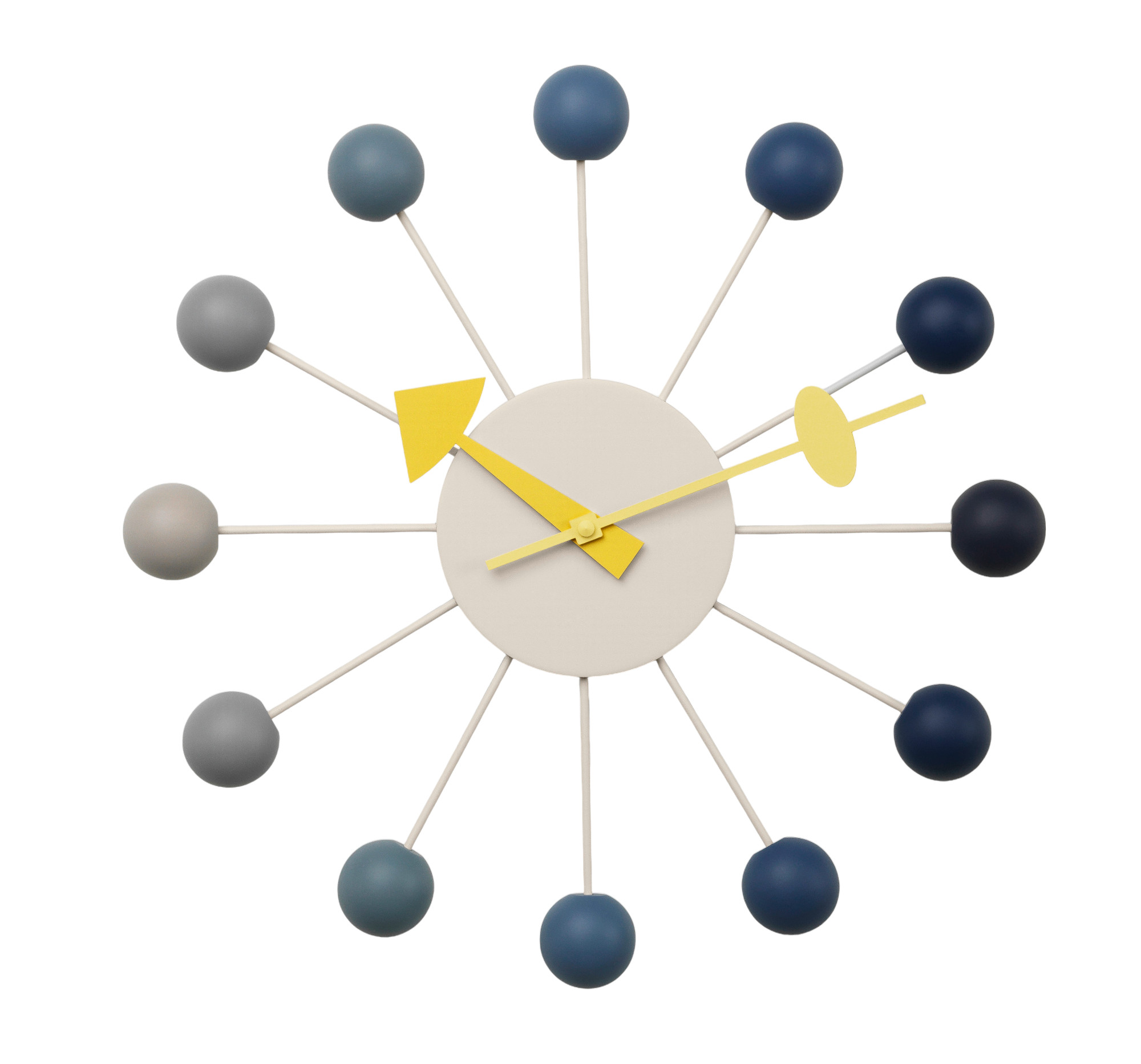 Ball Clock Wanduhr Dusk Vitra LIMITED EDITION mit bunten Kugeln und gelben Zeigern.