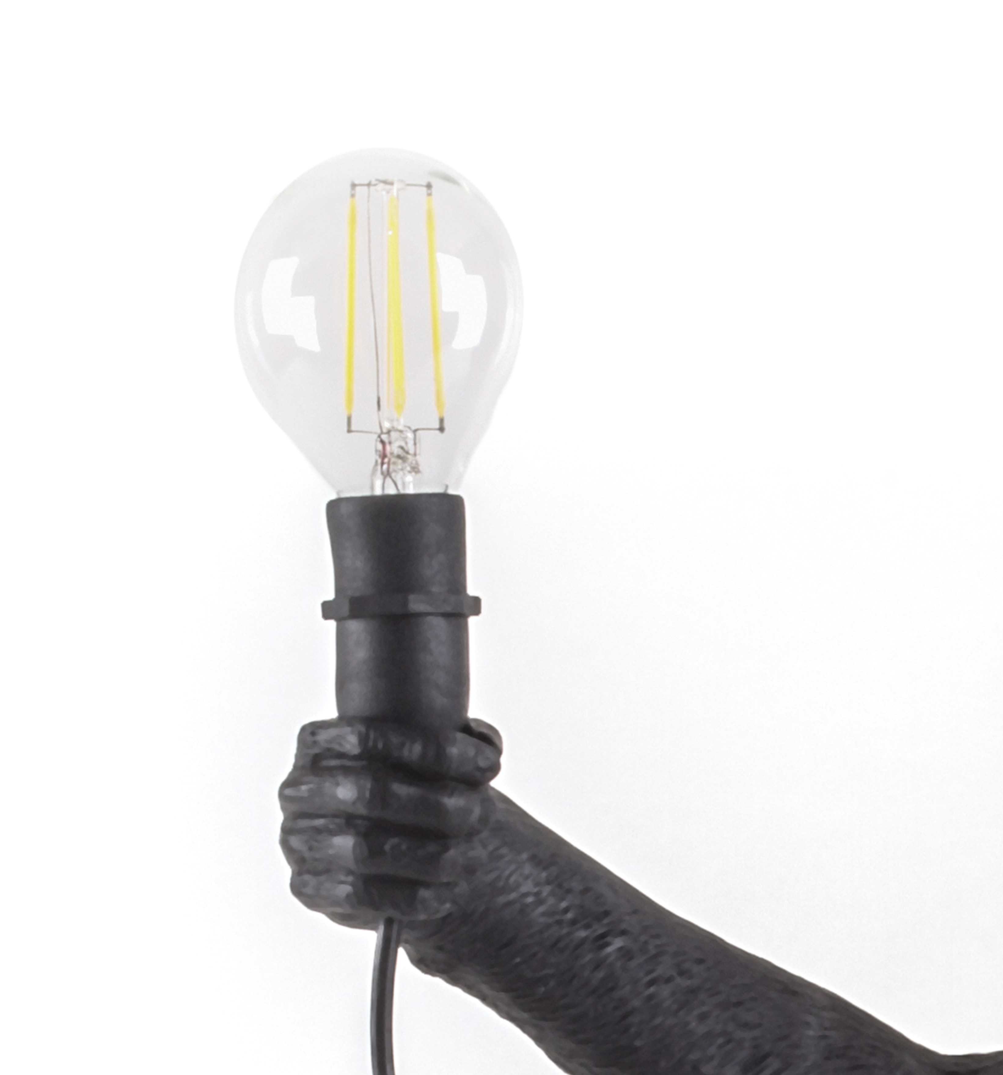 LED Leuchtmittel für Seletti Monkey Lamp Outdoor, gehalten von einer Affenhand.