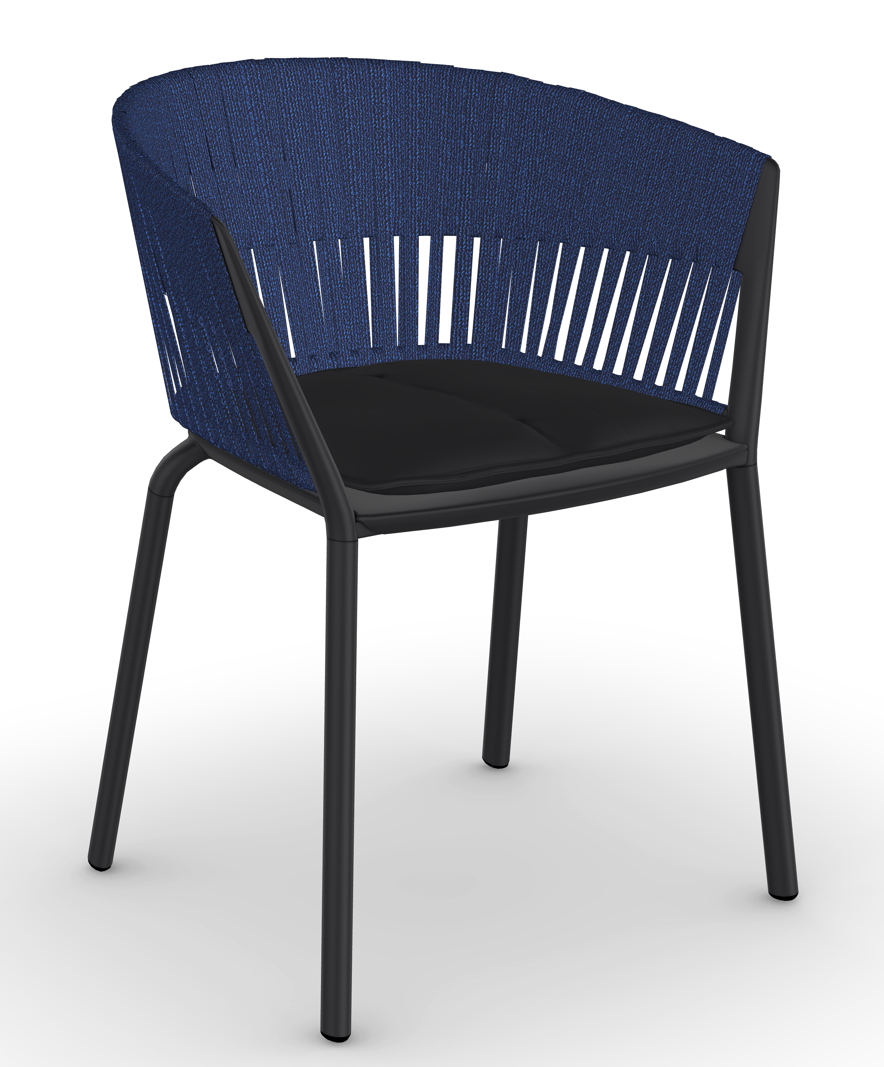 Ria Stuhl mit blauer Seilbespannung und schwarzem Sitzkissen, ideal für Garten und Terrasse.