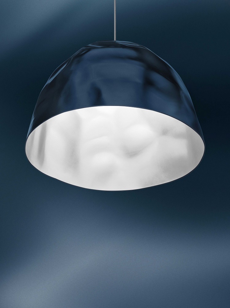 Nahaufnahme der Foscarini Bump Pendelleuchte in Petrol, modernes Design für Wohnzimmer und Esszimmer.
