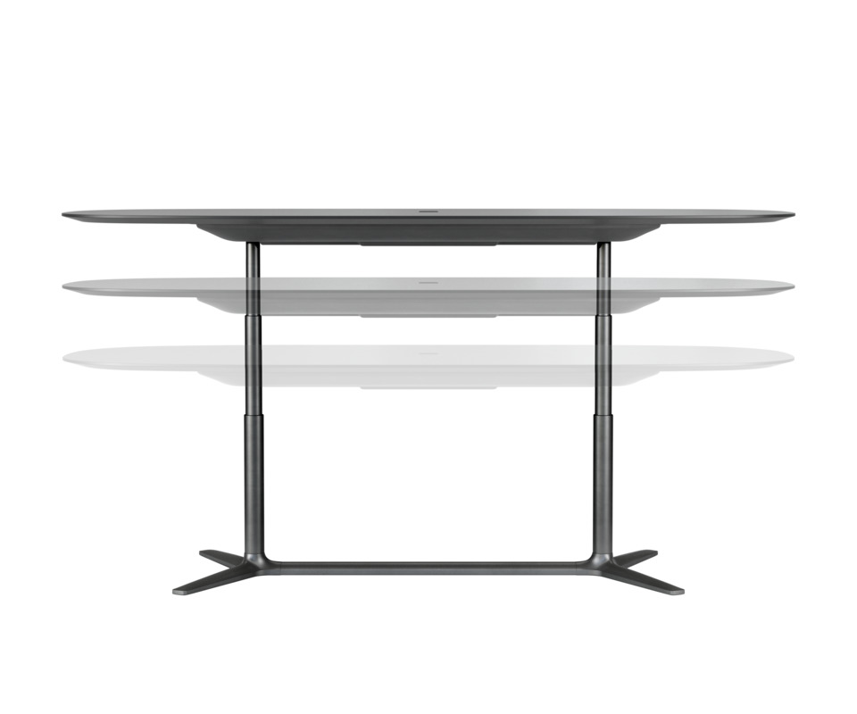 Brunner Lift Konferenztisch, höhenverstellbar, in verschiedenen Höhen dargestellt, ideal für moderne Büros.