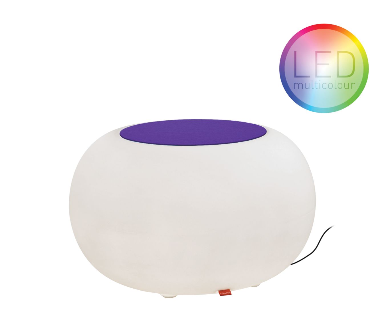 Moree Bubble LED Beistelltisch für den Außenbereich mit violetter Tischplatte aus Glas.