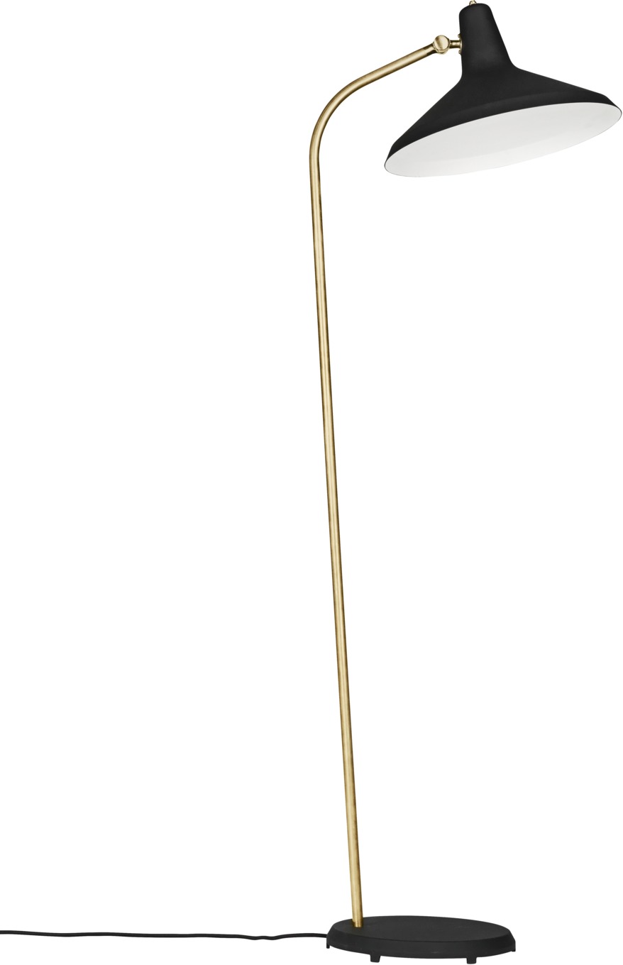 Gubi Stehleuchte G-10: Elegante Stehlampe mit schwarzem Schirm und goldenem Gestell für Wohnzimmer.