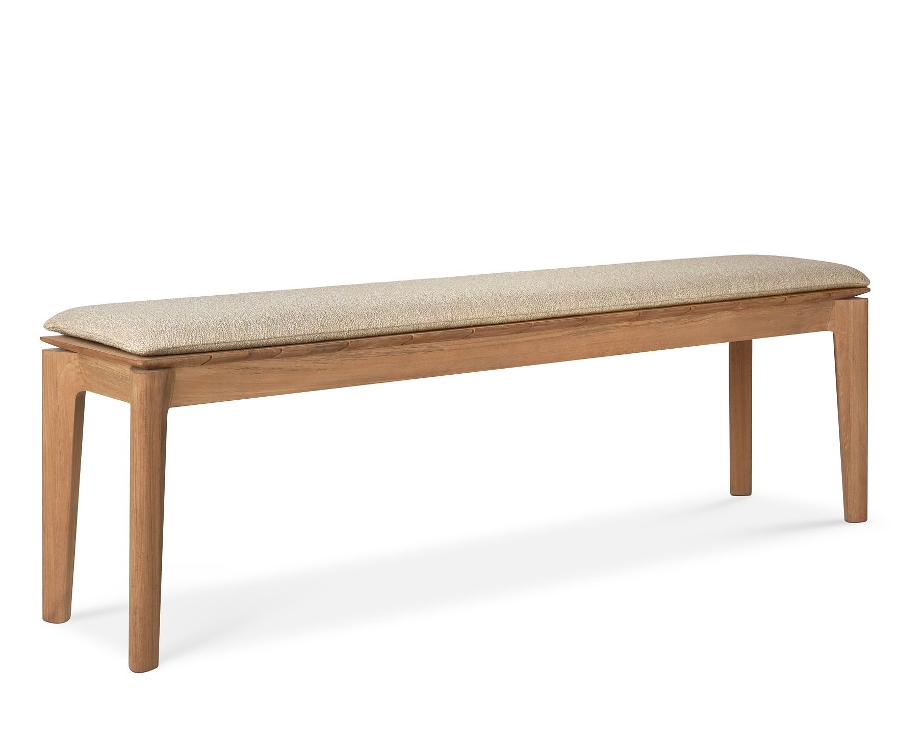 Bok Bank von Ethnicraft: 3-Sitzer Gartenbank aus Teakholz mit beiger Sitzauflage.