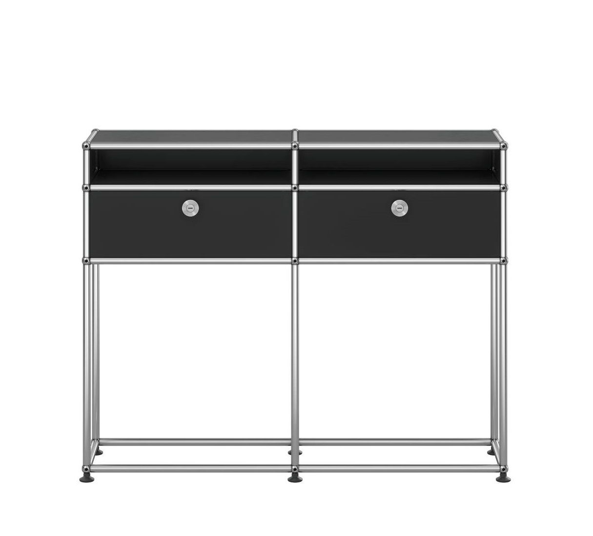 Schwarzes USM Haller Sideboard mit zwei Schubladen und verchromtem Gestell für stilvolle Einrichtung.
