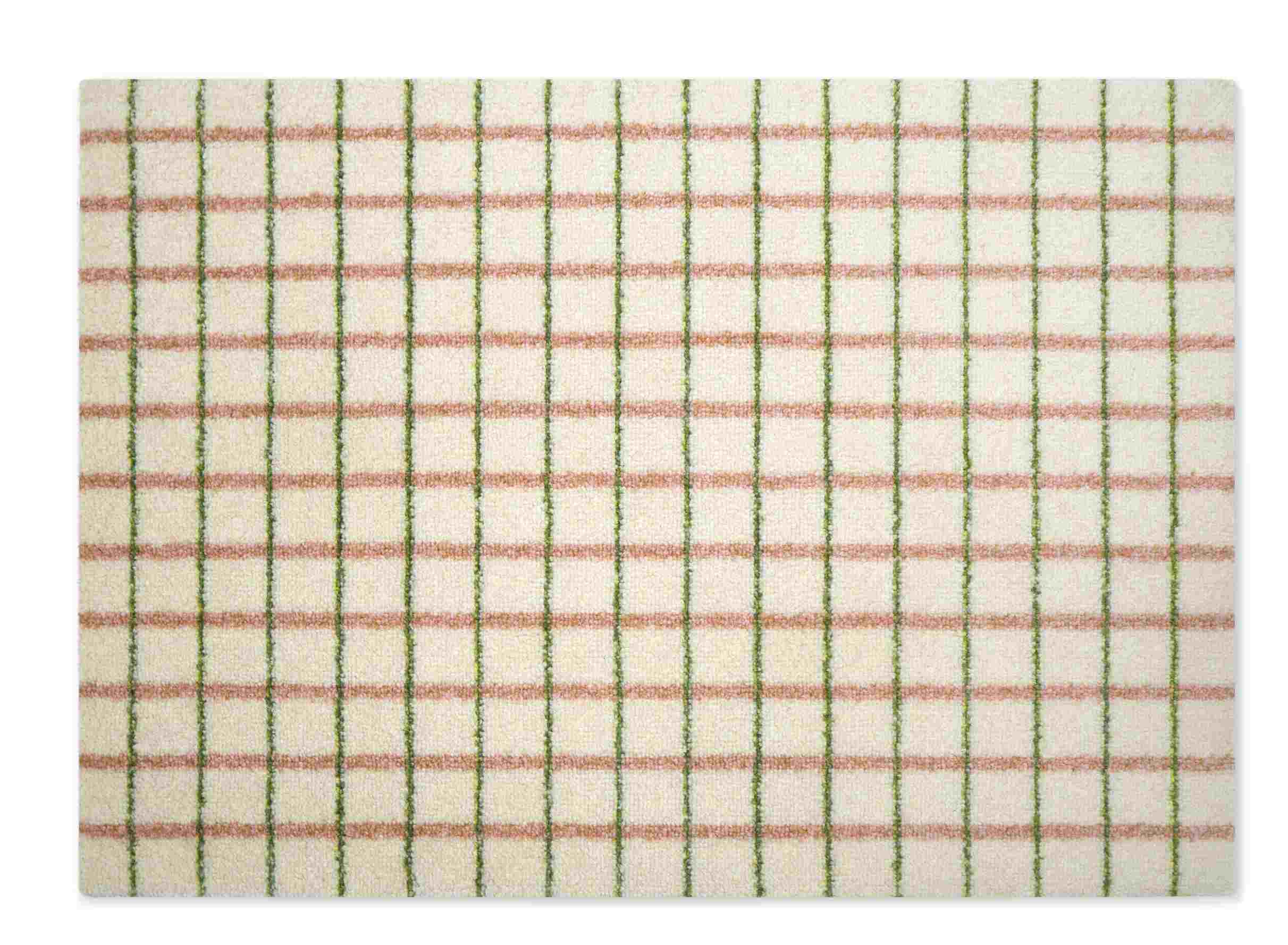 Heymat Grid Fußmatte: Beige Teppich mit grünem und rotem Karomuster für den Innenbereich.