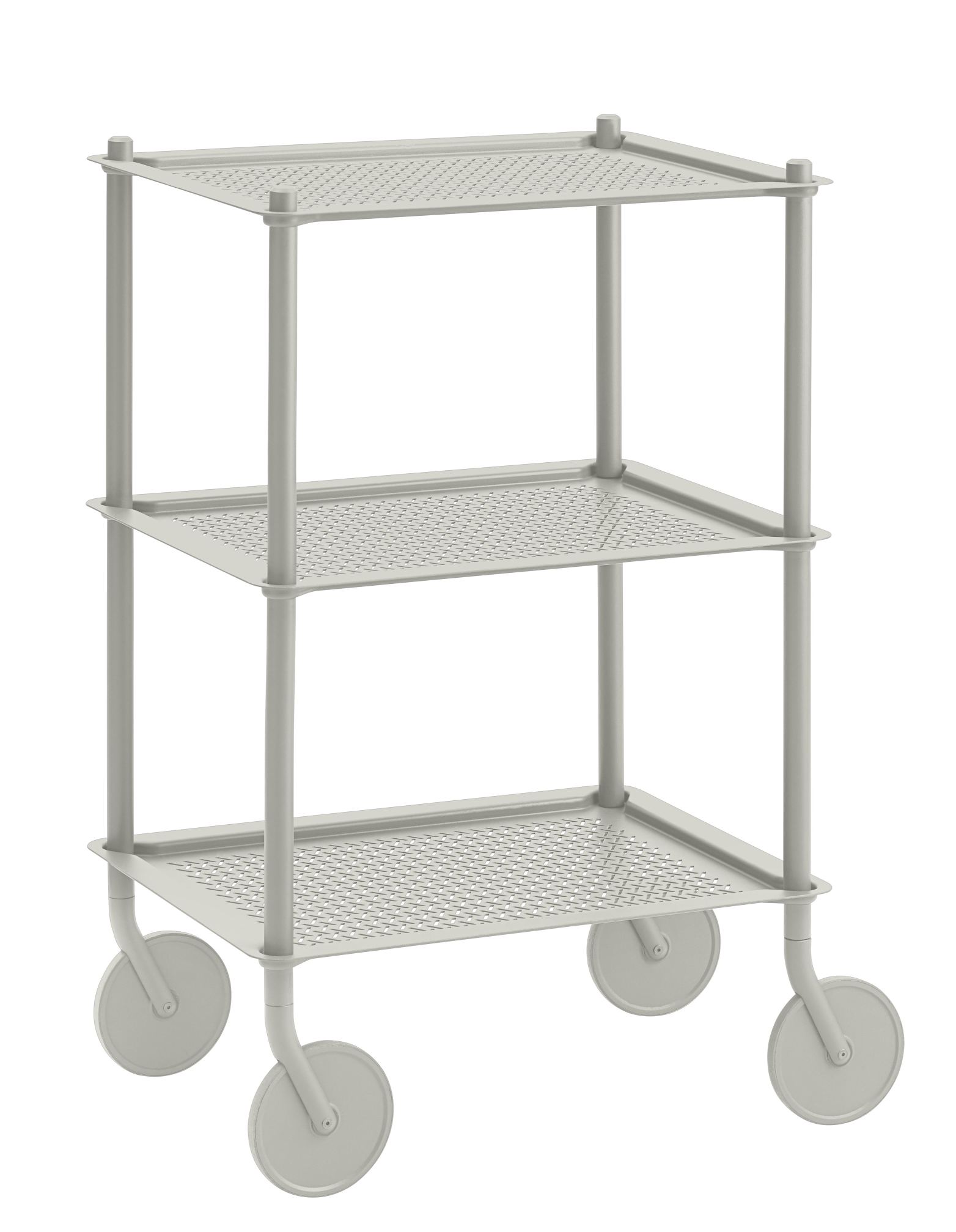 Muuto Flow Trolley Servierwagen mit drei Ablageflächen und Rollen in Grau.