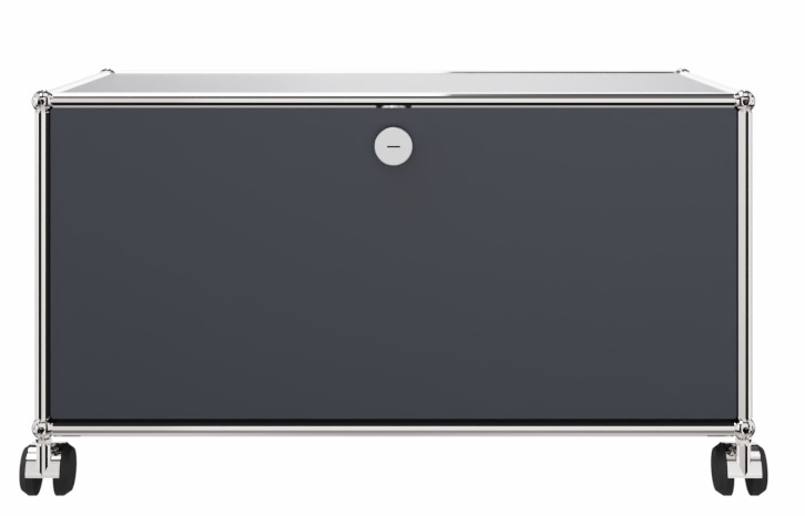 USM Haller Möbel: Anthrazitgraues TV-/Hi-Fi-Möbel mit Rollen, modernes Design für Wohnzimmer und Medienbereich.