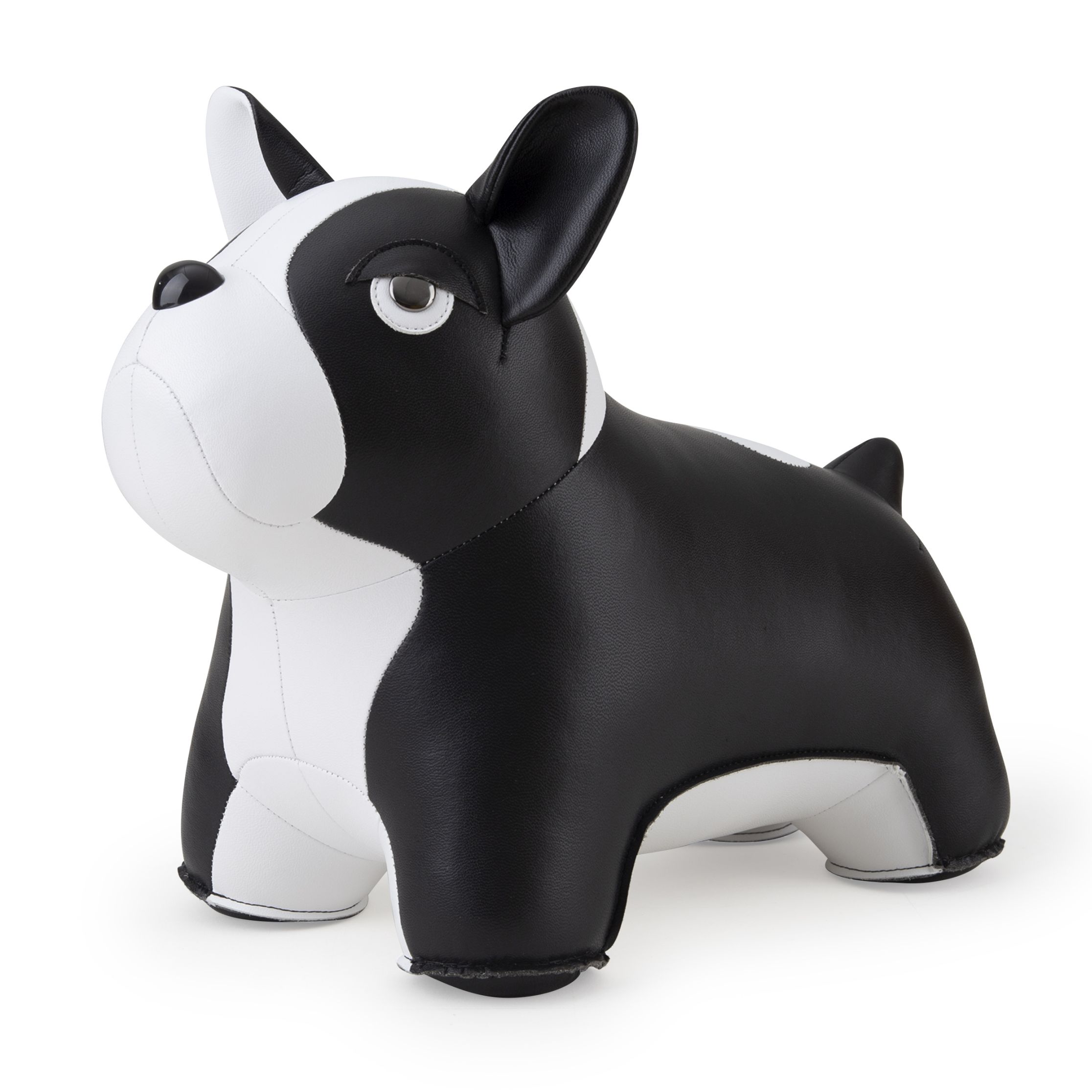 Türstopper Französische Bulldogge von Züny, aus Kunstleder in Schwarz und Weiß, stehend auf weißem Hintergrund.